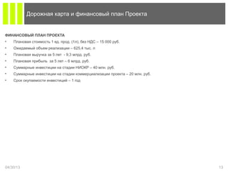 ФИНАНСОВЫЙ ПЛАН ПРОЕКТА
• Плановая стоимость 1 ед. прод. (1л), без НДС – 15 000 руб.
• Ожидаемый объем реализации – 625,4 тыс. л
• Плановая выручка за 5 лет - 9,3 млрд. руб.
• Плановая прибыль за 5 лет – 6 млрд. руб.
• Суммарные инвестиции на стадии НИОКР – 40 млн. руб.
• Суммарные инвестиции на стадии коммерциализации проекта – 20 млн. руб.
• Срок окупаемости инвестиций – 1 год
04/30/13 13
Дорожная карта и финансовый план Проекта
 