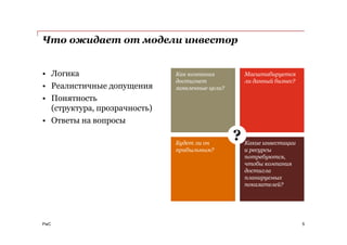 PwC
Что ожидает от модели инвестор
• Логика
• Реалистичные допущения
• Понятность
(структура, прозрачность)
• Ответы на вопросы
5
Как компания
достигнет
заявленные цели?
Масштабируется
ли данный бизнес?
Будет ли он
прибыльным?
Какие инвестиции
и ресурсы
потребуются,
чтобы компания
достигла
планируемых
показателей?
?
 
