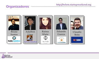 http://belem.startupweekend.org

Organizadores

Bruno
Santos

Adailton
Lima

Raissa
Klain

Eduardo
Guerra

Claudio
Brito

 
