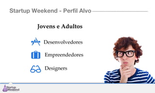 Startup Weekend - Perfil Alvo
Jovens e Adultos
Desenvolvedores
Empreendedores
Designers

 