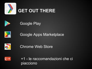 GET OUT THERE

Google Play

Google Apps Marketplace


Chrome Web Store


 +1 - le raccomandazioni che ci
 piacciono
 