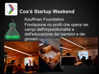 Cos'è Startup Weekend
 Kauffman Foundation
 Fondazione no profit che opera nei
 campi dell'impreditorialità e
 dell'educazione dei bambini e dei
 giovani
 