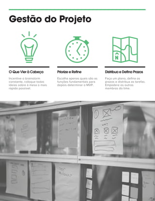 Gestão do Projeto
O Que Vier à Cabeça
Incentive o brainstorm
constante, coloque todas
ideias sobre à mesa o mais
rápido possível.
Escolha apenas quais são as
funções fundamentais para
depois determinar o MVP.
Faça um plano, deﬁna os
prazos e distribua as tarefas.
Empodere os outros
membros do time.
 