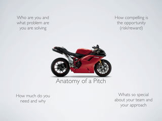 Who are you and                         How compelling is
what problem are                         the opportunity
 you are solving                           (risk/reward)




                   Anatomy of a Pitch

How much do you                           Whats so special
 need and why                           about your team and
                                           your approach
 