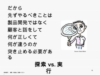 だから
    先ずやるべきことは
    製品開発ではなく
    顧客と話をして
    何が正しくて
    何が違うのか
    突き止める必要がある                    Source: Steve Blank




                        探索vs.実行
                                                        19
無断複写 ・ 複製・転載はご遠慮ください。
 