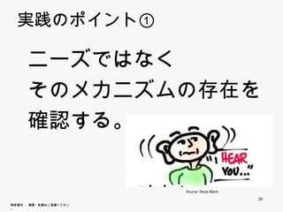 実践のポイント①

      ニーズではなく
        ズではなく
      そのメカニズムの存在を
           ズ
      確認する。


                        Source: Steve Blank

                                              30
無断複写 ・ 複製・転載はご遠慮ください。
 