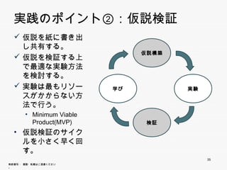 実践のポイント②：仮説検証
   仮説を紙に書き出し
    共有する。
                                仮説構築
   仮説を検証する上で
    最適な実験方法を検
    討する。
   実験は最もリソ ス
    実験は最もリソース              学び          実験
    がかからない方法で
    行う。
        • Minimum Viable
          Product(MVP)           検証

  • 仮説検証のサイクル
    を小さく早く回す。

                                            35
無断複写 ・ 複製・転載はご遠慮ください。
 