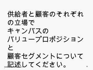 供給者 顧客 そ ぞ
   供給者と顧客のそれぞれ
   の立場で
   キャンバスの
   バリュープロポジションと
   顧客セグメントについて
   記述してください。
無断複写 ・ 複製・転載はご遠慮ください。   56
 