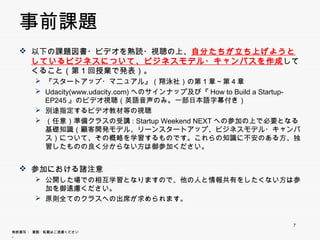 事前課題
   以下の課題図書・ビデオを熟読・視聴の上、自分たちが立ち上げようとしているビ
    ジネスについて、ビジネスモデル・キャンバスを作成してくること（第1回授業で発
    ジネスについて ビジネスモデル キャンバスを作成してくること（第1回授業で発
    表）。
        『スタートアップ・マニュアル』（翔泳社）の第1章～第4章
        Ud it (
         Udacity(www.udacity.com)へのサインナップ及び『How t B ild a Startup- EP245』
                      d it      ) のサインナ プ及び『H   to Build St t
         のビデオ視聴（英語音声のみ。一部日本語字幕付き）
        別途指定するビデオ教材等の視聴
        （任意）準備クラスの受講: Startup Weekend NEXTへの参加の上で必要となる基礎
         知識（顧客開発モデル、リーンスタートアップ、ビジネスモデル・キャンバス）について、
         その概略を学習するものです。これらの知識に不安のある方、独習したものの良く分
         からない方は御参加ください。


   参加における諸注意
        公開した場での相互学習となりますので 他の人と情報共有をしたくない方は参加を
         公開した場での相互学習となりますので、他の人と情報共有をしたくない方は参加を
         御遠慮ください。
        原則全てのクラスへの出席が求められます。


                                                                       7
無断複写 ・ 複製・転載はご遠慮ください。
 