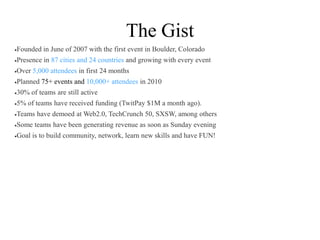 The GistFounded in June of 2007 with the first event in Boulder, Colorado