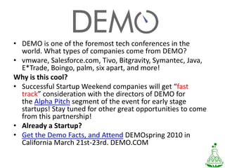 DEMO is one of the foremost tech conferences in the world. What types of companies come from DEMO?vmware, Salesforce.com, Tivo, Bitgravity, Symantec, Java, E*Trade, Boingo, palm, six apart, and more!Why is this cool?Successful Startup Weekend companies will get “fast track” consideration with the directors of DEMO for the Alpha Pitch segment of the event for early stage startups! Stay tuned for other great opportunities to come from this partnership!Already a Startup?Get the Demo Facts, and Attend DEMOspring 2010 in California March 21st-23rd. DEMO.COM
