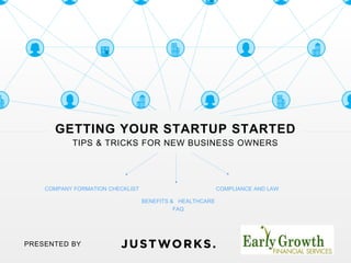 GETTING YOUR STARTUP STARTED 
TIPS & TRICKS FOR NEW BUSINESS OWNERS 
COMPANY FORMATION CHECKLIST COMPLIANCE AND LAW 
BENEFITS & HEALTHCARE 
FAQ 
PRESENTED BY 
 