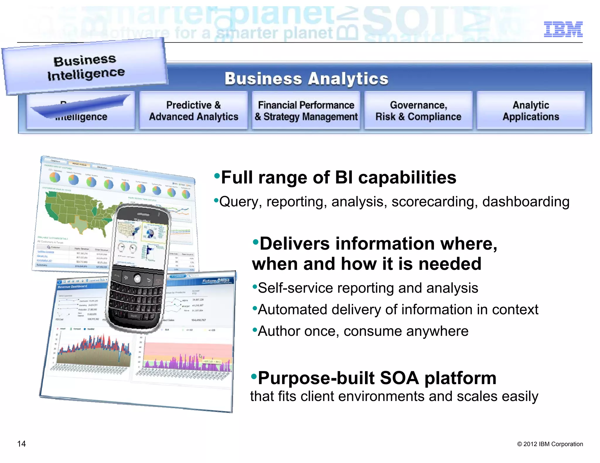 •Full range of BI capabilities
     •Query, reporting, analysis, scorecarding, dashboarding

          •Delivers information where,
          when and how it is needed
          •Self-service reporting and analysis
          •Automated delivery of information in context
          •Author once, consume anywhere

          •Purpose-built SOA platform
          that fits client environments and scales easily


14                                                   © 2012 IBM Corporation
 