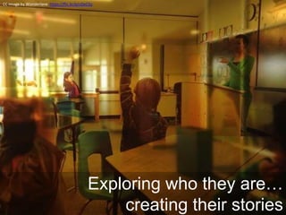 Exploring who they are…
creating their stories
CC Image by Wonderlane https://flic.kr/p/cDeCGs
 