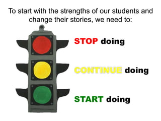To start with the strengths of our students and
change their stories, we need to:
STOP doing
doing
START doing
 