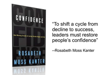 “To shift a cycle from
decline to success,
leaders must restore
people’s confidence”
--Rosabeth Moss Kanter
 