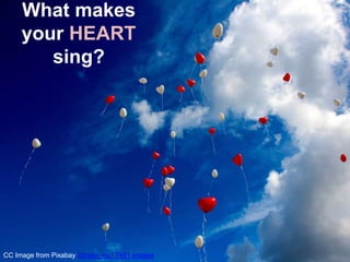 What makes
your HEART
sing?
CC Image from Pixabay 3dman_eu / 7491 images
 