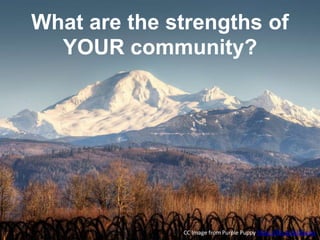 What are the strengths of
YOUR community?
CC Image from Purple Puppy https://flic.kr/p/9jvnkq
 