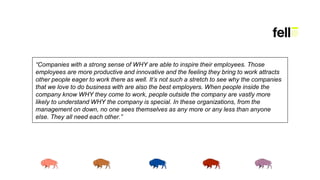 “Companies with a strong sense of WHY are able to inspire their employees. Those
employees are more productive and innovative and the feeling they bring to work attracts
other people eager to work there as well. It’s not such a stretch to see why the companies
that we love to do business with are also the best employers. When people inside the
company know WHY they come to work, people outside the company are vastly more
likely to understand WHY the company is special. In these organizations, from the
management on down, no one sees themselves as any more or any less than anyone
else. They all need each other.”
 