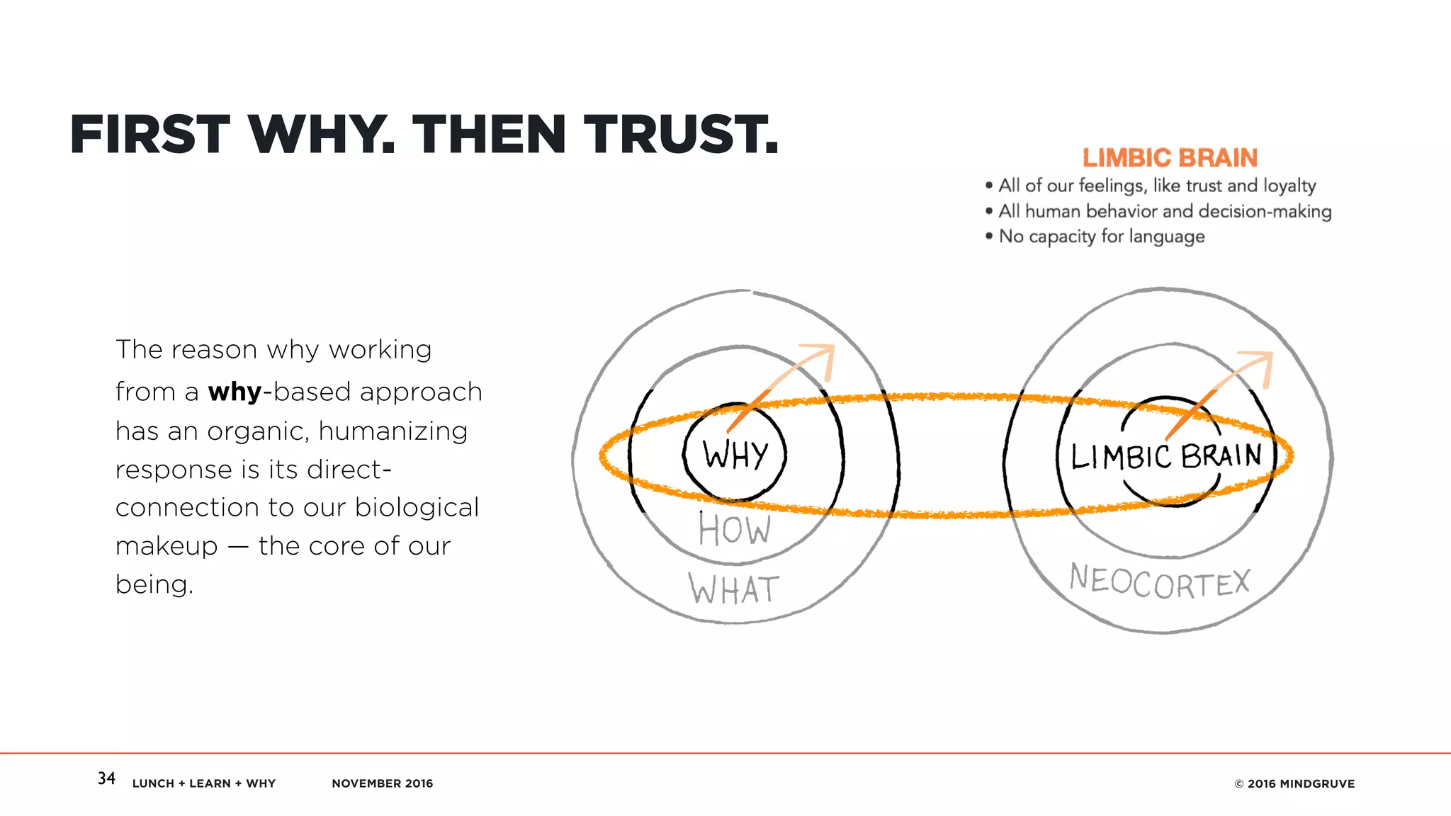LUNCH + LEARN + WHY NOVEMBER 2016 © 2016 MINDGRUVE
The Golden Circle + Human Brain
34
FIRST WHY. THEN TRUST.
The reason why working
from a why-based approach
has an organic, humanizing
response is its direct-
connection to our biological
makeup — the core of our
being.
 