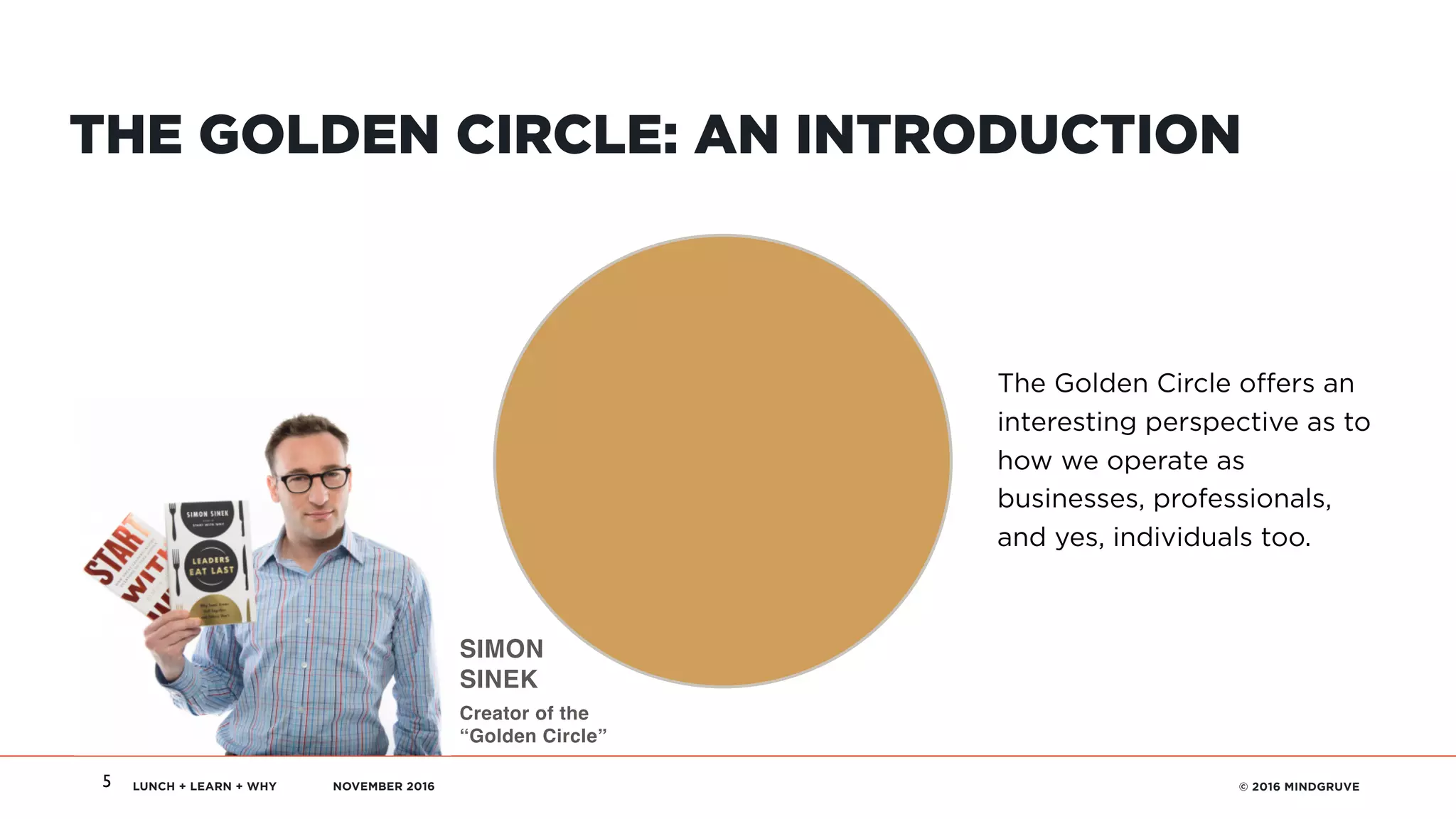 LUNCH + LEARN + WHY NOVEMBER 2016 © 2016 MINDGRUVE5
THE GOLDEN CIRCLE: AN INTRODUCTION
SIMON
SINEK
Creator of the
“Golden Circle”
The Golden Circle oﬀers an
interesting perspective as to
how we operate as
businesses, professionals,
and yes, individuals too.
 