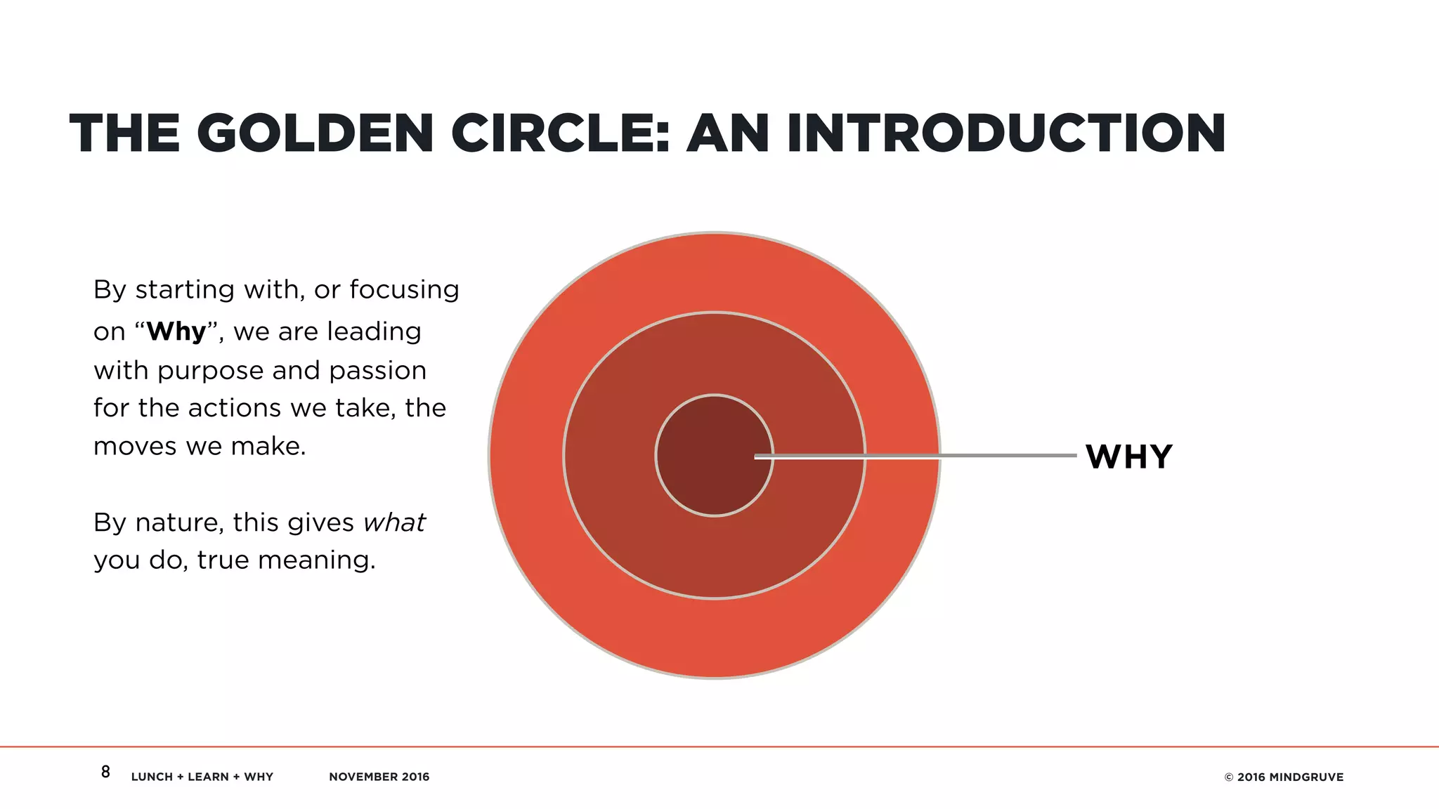 LUNCH + LEARN + WHY NOVEMBER 2016 © 2016 MINDGRUVE8
THE GOLDEN CIRCLE: AN INTRODUCTION
WHY
By starting with, or focusing
on “Why”, we are leading
with purpose and passion
for the actions we take, the
moves we make.
By nature, this gives what
you do, true meaning.
 