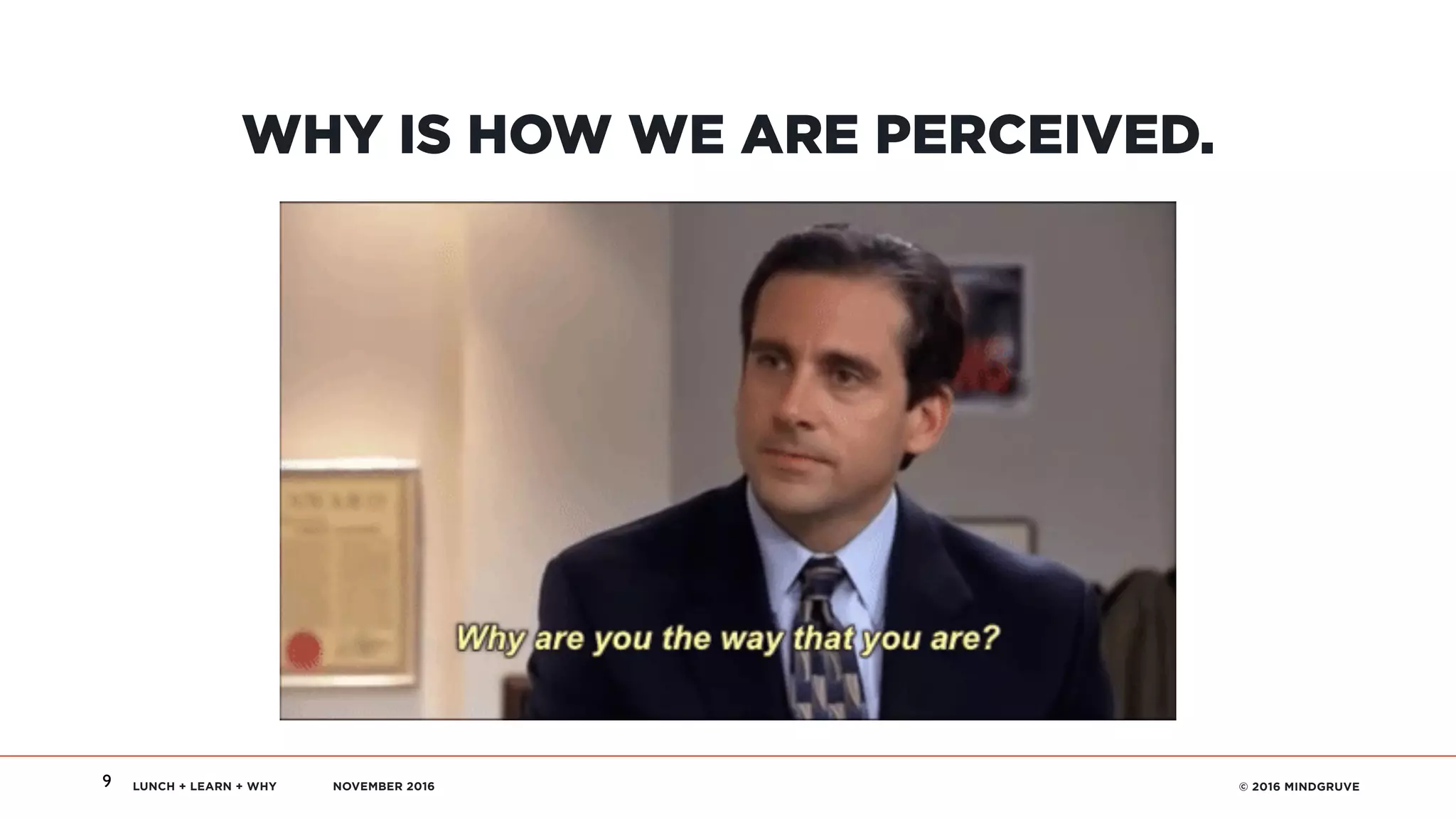 LUNCH + LEARN + WHY NOVEMBER 2016 © 2016 MINDGRUVE9
WHY IS HOW WE ARE PERCEIVED.
 