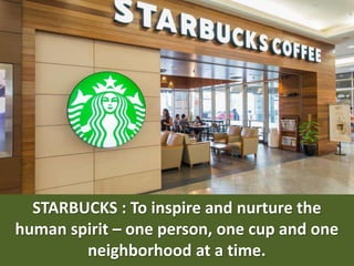 STARBUCKS : To inspire and nurture the
human spirit – one person, one cup and one
neighborhood at a time.
 
