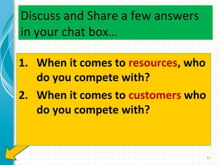 Discuss and Share a few answers
in your chat box…
1. When it comes to resources, who
do you compete with?
2. When it comes to customers who
do you compete with?

11

 