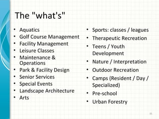 The "what's"
•
•
•
•
•
•
•
•
•
•

Aquatics
Golf Course Management
Facility Management
Leisure Classes
Maintenance &
Operations
Park & Facility Design
Senior Services
Special Events
Landscape Architecture
Arts

• Sports: classes / leagues
• Therapeutic Recreation
• Teens / Youth
Development
• Nature / Interpretation
• Outdoor Recreation
• Camps (Resident / Day /
Specialized)
• Pre-school
• Urban Forestry
35

 