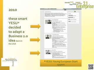 2010

these smart
YESU*
decided
to adapt a
Business 2.0
idea born in
the USA




               *YESU: Young European Start
                         uppers
 