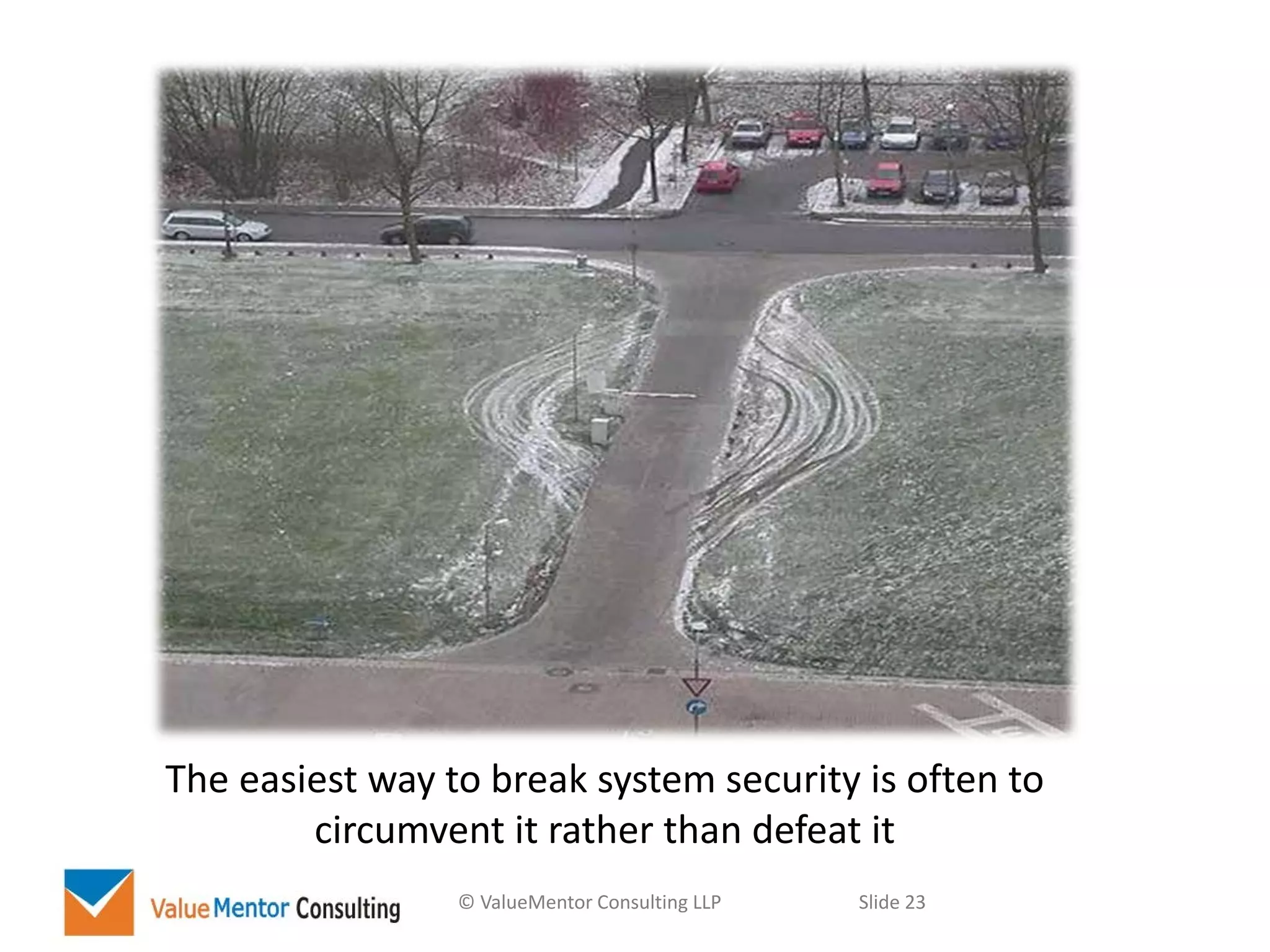 © ValueMentor Consulting LLP Slide 23
The easiest way to break system security is often to
circumvent it rather than defeat it
 
