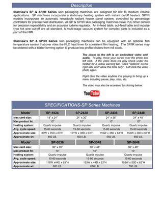 Description
Starview’s SP & SP/IR Series skin packaging machines are designed for low to medium volume
applications. SP machines incorporate a stationary heating system with instant on/off heaters. SP/IR
models incorporate an automatic retractable radiant heater panel system, controlled by percentage
controllers for precise heat distribution. All SP & SP/IR skin packaging machines have PLC timer control
for precision repeatability and an accurate turbine regulator. An in-feed table, out-feed table and impulse
type hot wire cut-off are all standard. A multi-stage vacuum system for complex parts is included as a
part of the HMI.


Starview’s SP & SP/IR Series skin packaging machines can be equipped with an optional film
temperature sensor that over rides the PLC heat timer for consistent film heating. The SP/IR series may
be ordered with a blister forming option to produce low profile blisters from roll stock.

                                                      The photo to the left is an embedded video with
                                                      audio. To play, move your cursor over the photo and
                                                      left click. If the video does not play check under the
                                                      toolbar for a yellow warning bar. Click “Options” on the
                                                      right side and” allow this time only”. Left click the video
                                                      photo again.

                                                      Right click the video anytime it is playing to bring up a
                                                      menu including pause, play, stop, etc.

                                                      The video may also be accessed by clicking below:




                        SPECIFICATIONS-SP Series Machines
     Model               SP-1824                SP-2430                   SP-2436                 SP-2448
Max card size:            18” x 24”              24” x 30”                24” x 36”               24” x 48”
Max product ht:             10”                    10”                      10”                     10”
Heating system:        Quartz impulse         Quartz impulse           Quartz impulse          Quartz impulse
Avg. cycle speed:      15-60 seconds          15-60 seconds            15-60 seconds           15-60 seconds
Approximate size:     80W x 35D x 63”H      101W x 38D x 63”H        116W x 38D x 63”H       153W x 38D x 63”H
Approximate wt:           450 LB.                500 LB.                  550 LB.                 650 LB.

     Model                   SP-3036                       SP-3048                            SP-3648
Max card size:                30” x 36”                    30” x 48”                          36” x 48”
Max product ht:                 10”                          10”                                10”
Heating system:            Quartz impulse               Quartz impulse                     Quartz impulse
Avg. cycle speed:          15-60 seconds                15-60 seconds                      15-60 seconds
Approximate size:        116W x44D x 63”H             153W x 44D x 63”H                  153W x 50D x 63”H
Approximate wt:               600 LB.                      650 LB.                            700 LB.
 