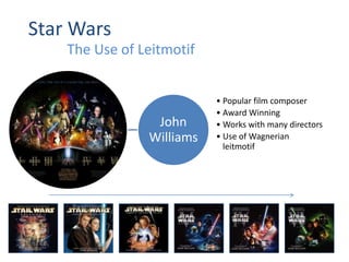 Star Wars
    The Use of Leitmotif


                           • Popular film composer
                           • Award Winning
                 John      • Works with many directors
                Williams   • Use of Wagnerian
                             leitmotif
 