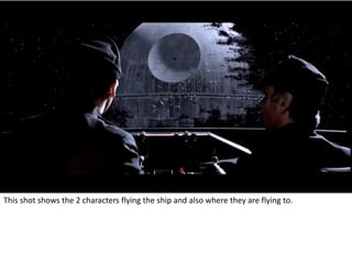This shot shows the 2 characters flying the ship and also where they are flying to. 
 