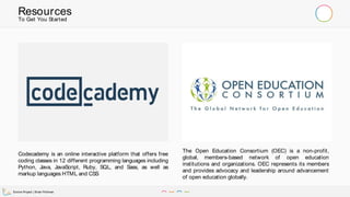 Evolve Project | Brian Pichman
8
To Get You Started
Resources
Codecademy is an online interactive platform that offers free
coding classes in 12 different programming languages including
Python, Java, JavaScript, Ruby, SQL, and Sass, as well as
markup languages HTML and CSS
The Open Education Consortium (OEC) is a non-profit,
global, members-based network of open education
institutions and organizations. OEC represents its members
and provides advocacy and leadership around advancement
of open education globally.
 