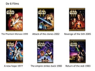 De 6 Films




The Phantom Menace 1999    Attack of the clones 2002     Revenge of the Sith 2005




  A new hope 1977         The empire strikes back 1980    Return of the Jedi 1983
 