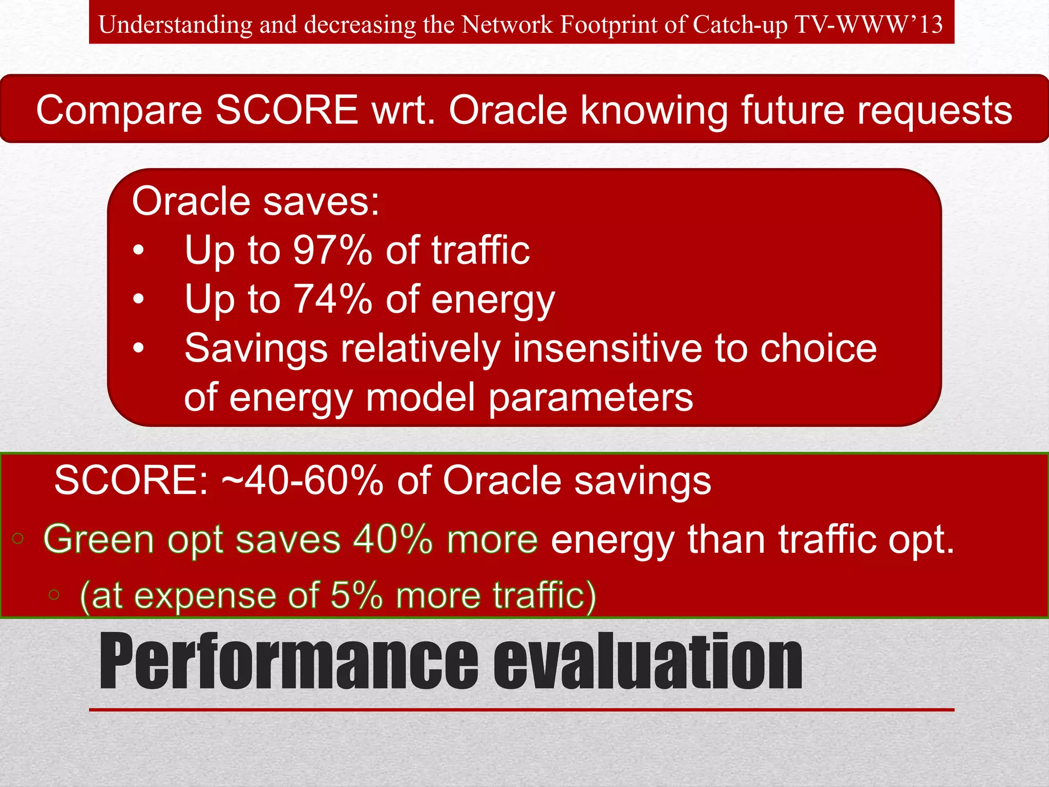 Performance evaluation
Understanding and decreasing the Network Footprint of Catch-up TV-WWW’13
Compare SCORE wrt. Oracle knowing future requests
Oracle saves:
• Up to 97% of traffic
• Up to 74% of energy
• Savings relatively insensitive to choice
of energy model parameters
• SCORE: ~40-60% of Oracle savings
energy than traffic opt.
 