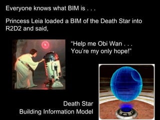 Everyone knows what BIM is . . .

Princess Leia loaded a BIM of the Death Star into
R2D2 and said,

                       “Help me Obi Wan . . .
                       You’re my only hope!”




                    Death Star
    Building Information Model
 