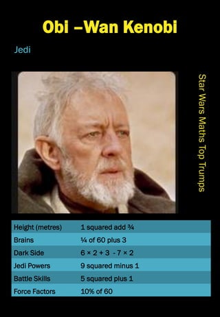 Height (metres)
Brains
Dark Side
Jedi Powers
Battle Skills
Force Factors
StarWarsMathsTopTrumps
Obi –Wan Kenobi
Jedi
1 squared add ¾
¼ of 60 plus 3
6 × 2 + 3 - 7 × 2
9 squared minus 1
5 squared plus 1
10% of 60
 