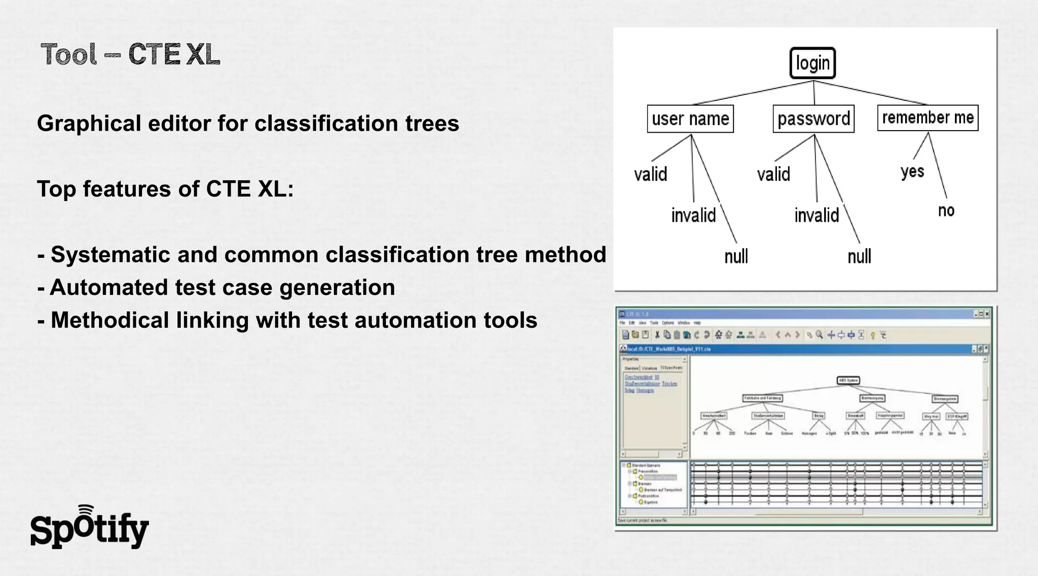 Graphical editor for classification trees

Top features of CTE XL:

- Systematic and common classification tree method
- Automated test case generation
- Methodical linking with test automation tools
 