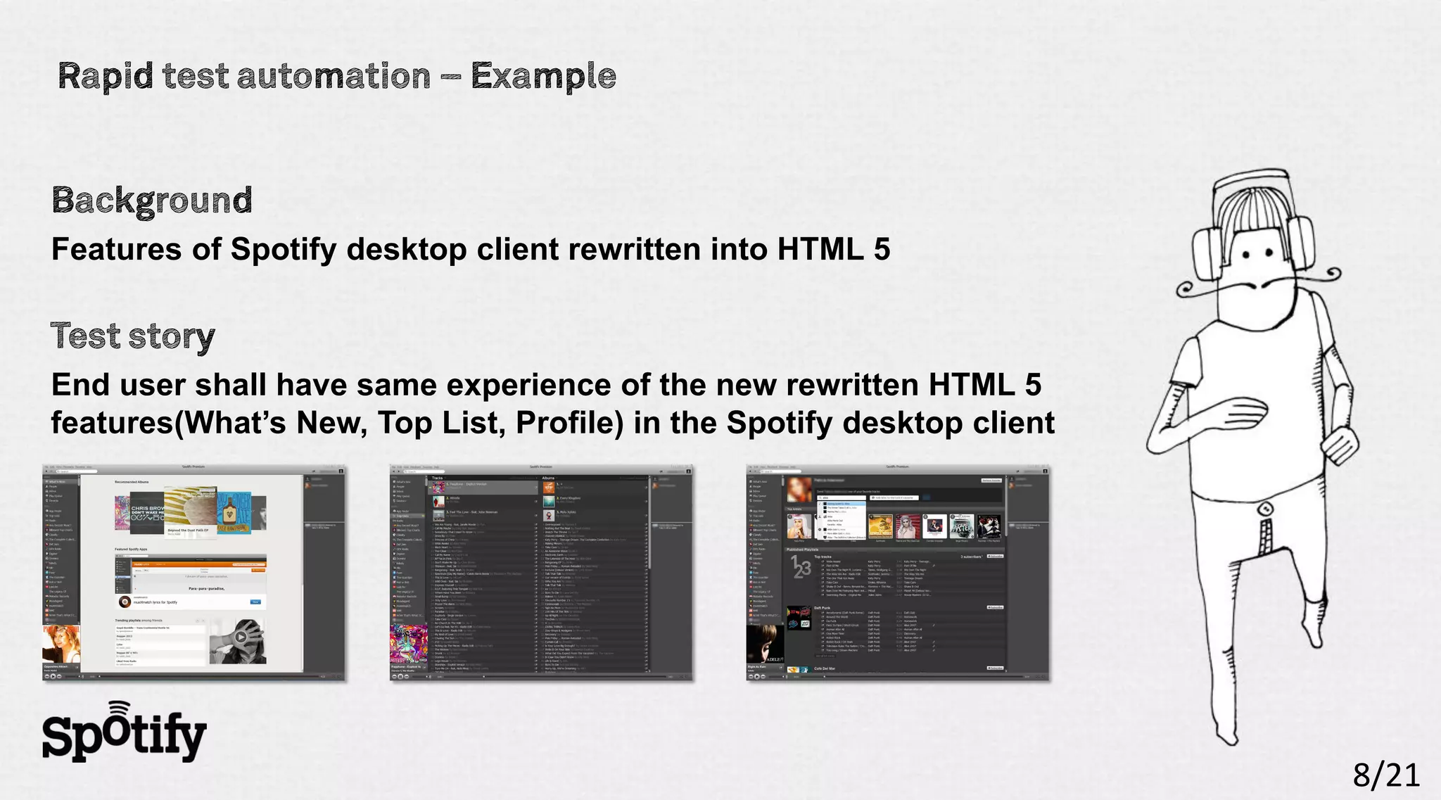 Features of Spotify desktop client rewritten into HTML 5



End user shall have same experience of the new rewritten HTML 5
features(What’s New, Top List, Profile) in the Spotify desktop client




                                                                        8/21
 