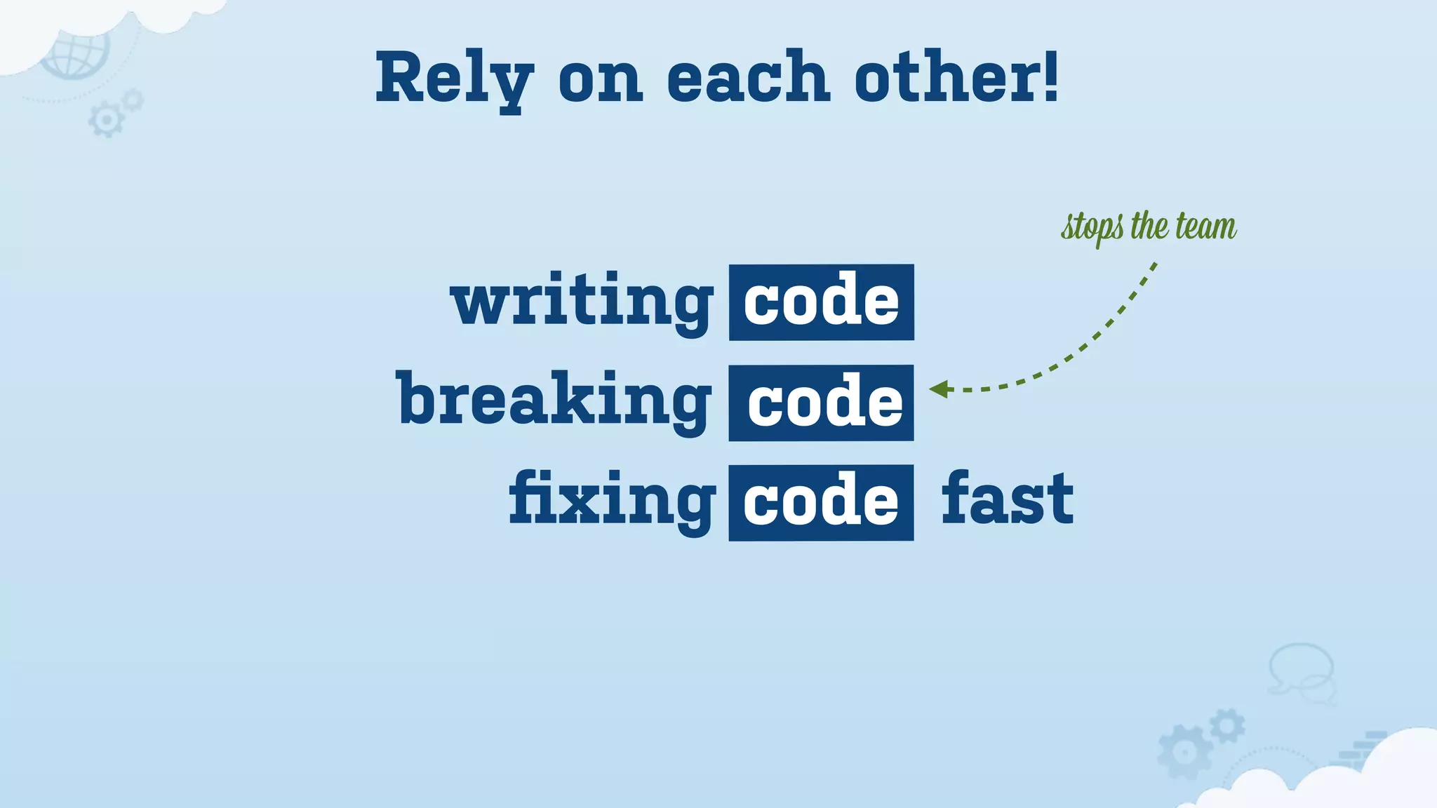 Rely on each other!
                      ﬆops the team

 writing code
breaking code
   ﬁxing code fast
 