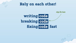 Rely on each other!
                      ﬆops the team

 writing code
breaking code
   ﬁxing code fast
 