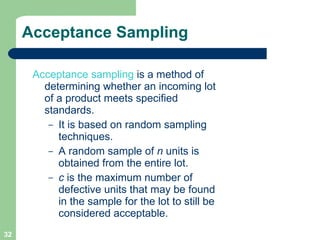 Acceptance Sampling Acceptance sampling  is a method of determining whether an incoming lot of a product meets specified standards.  It is based on random sampling techniques. A random sample of  n  units is obtained from the entire lot. c  is the maximum number of defective units that may be found in the sample for the lot to still be considered acceptable. 