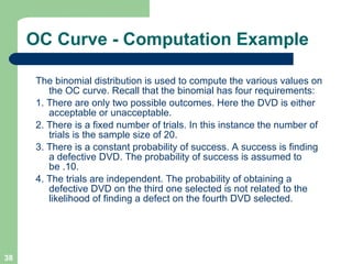 OC Curve - Computation Example The binomial distribution is used to compute the various values on the OC curve. Recall that the binomial has four requirements: 1. There are only two possible outcomes. Here the DVD is either acceptable or unacceptable. 2. There is a fixed number of trials. In this instance the number of trials is the sample size of 20.  3. There is a constant probability of success. A success is finding a defective DVD. The probability of success is assumed to be .10. 4. The trials are independent. The probability of obtaining a defective DVD on the third one selected is not related to the likelihood of finding a defect on the fourth DVD selected. 