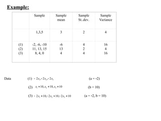 Example:
Sample Sample
mean
Sample
St..dev.
Sample
Variance
1,3,5 3 2 4
(1)
(2)
(3)
-2, -6, -10
11, 13, 15
8, 4, 0
-6
13
4
4
2
4
16
4
16
Data (1) (a = 2)
(2) (b = 10)
(3) (a = 2, b = 10)
3
2
1 2
,
2
,
2 x
x
x 


10
,
10
,
10 3
2
1 

 x
x
x
10
2
,
10
2
,
10
2 3
2
1 




 x
x
x
 