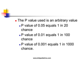  The P value used is an arbitrary value
 P value of 0.05 equals 1 in 20
chance
 P value of 0.01 equals 1 in 100
chance
 P value of 0.001 equals 1 in 1000
chance.
www.dnbpediatrics.com
 