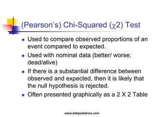 (Pearson’s) Chi-Squared (2) Test
 Used to compare observed proportions of an
event compared to expected.
 Used with nominal data (better/ worse;
dead/alive)
 If there is a substantial difference between
observed and expected, then it is likely that
the null hypothesis is rejected.
 Often presented graphically as a 2 X 2 Table
www.dnbpediatrics.com
 