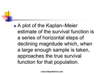  A plot of the Kaplan–Meier
estimate of the survival function is
a series of horizontal steps of
declining magnitude which, when
a large enough sample is taken,
approaches the true survival
function for that population.
www.dnbpediatrics.com
 